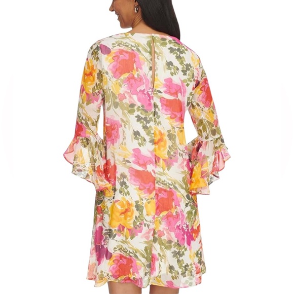 Calvin Klein Floral Bell Sleeve Chiffon V-Neck Shift Dress NWT Size 10 - Picture 2 of 12